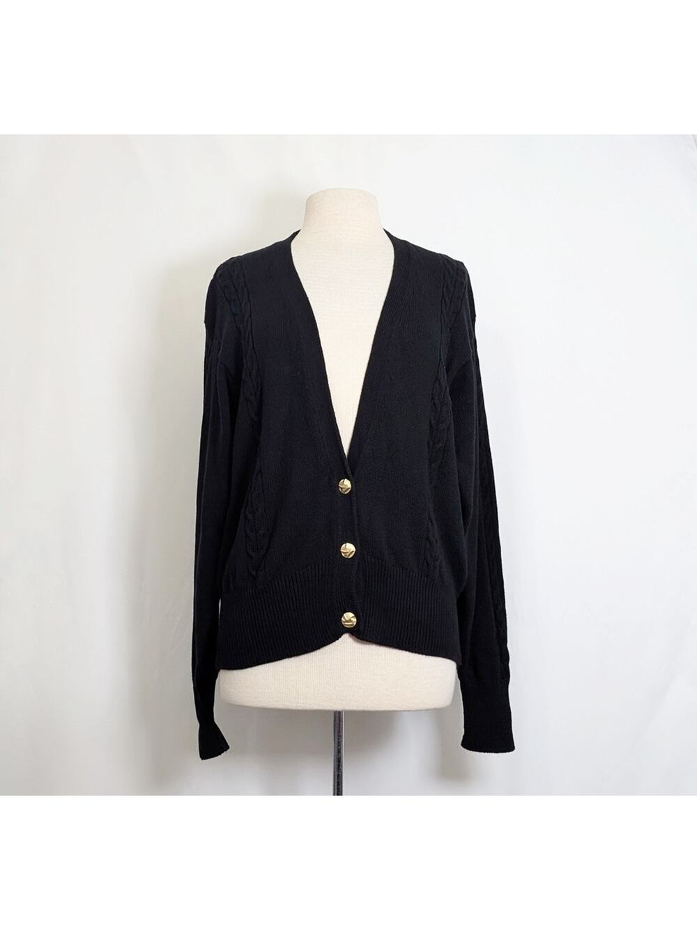 Vintage 90s Y2K Cardigan Sweater Women's Size M Black Gold Buttons Cotton Preppy